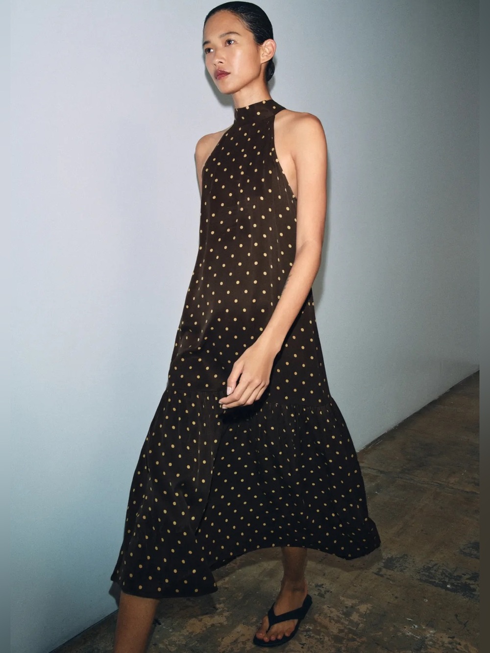 Zara Halter Polka Dot Dress Open Shoulders Brown Ecru Lyocell Small 4437/042/087